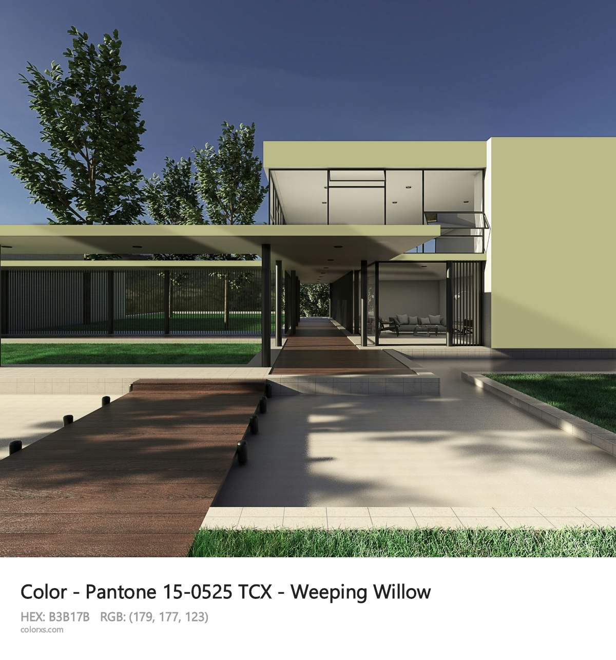Pantone 15-0525 TCX - Weeping Willow CMS exterior design modern house with walkway
