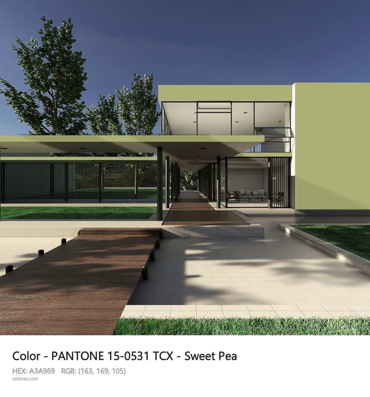 PANTONE 15-0531 TCX - Sweet Pea CMS exterior design modern house with walkway