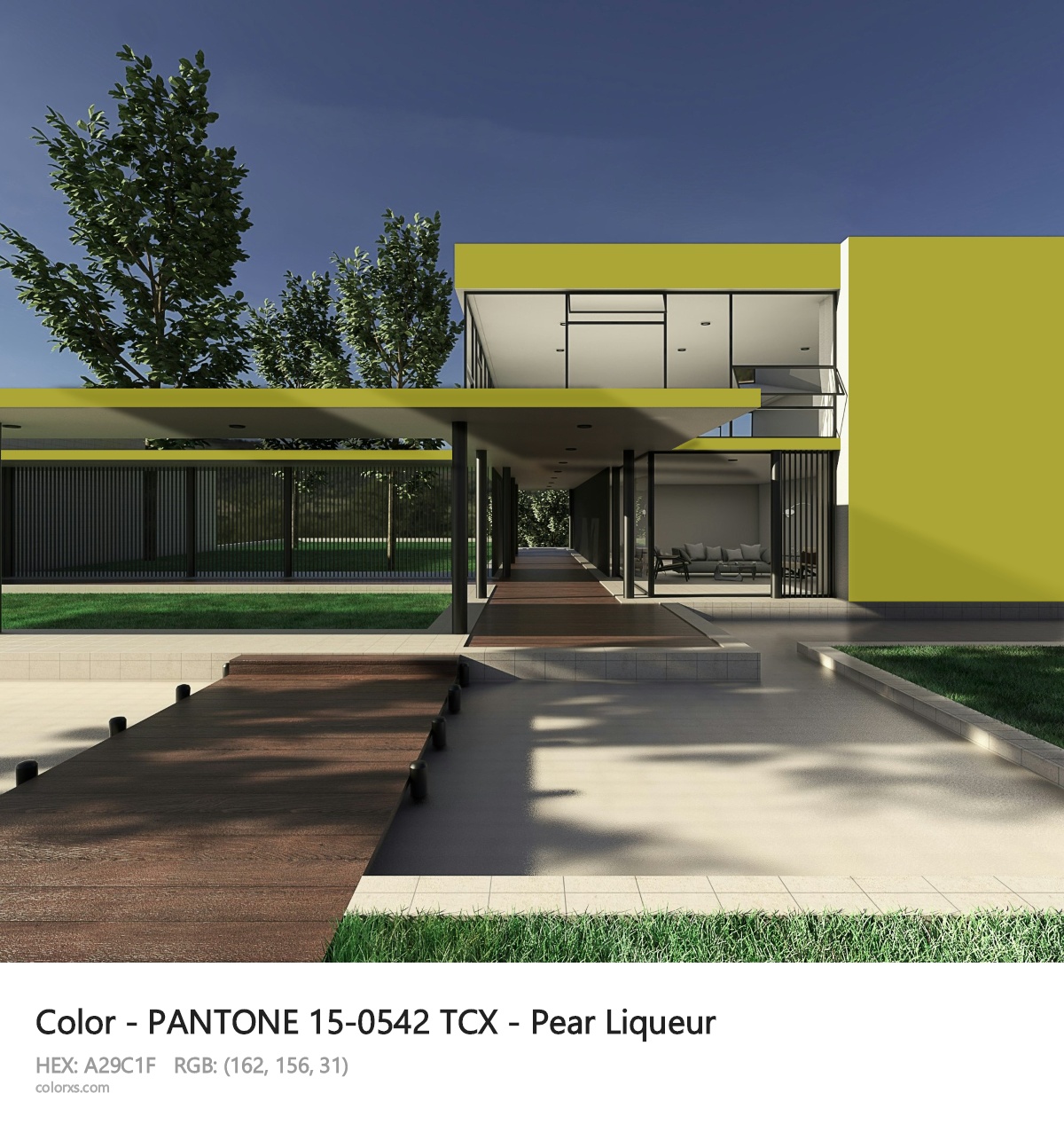 PANTONE 15-0542 TCX - Pear Liqueur CMS exterior design modern house with walkway