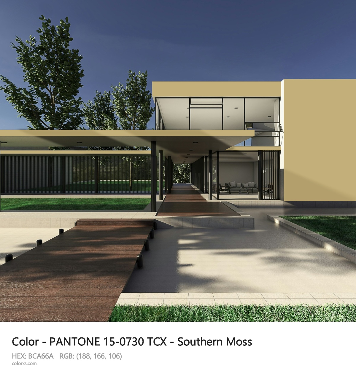 PANTONE 15-0730 TCX - Southern Moss CMS exterior design modern house with walkway