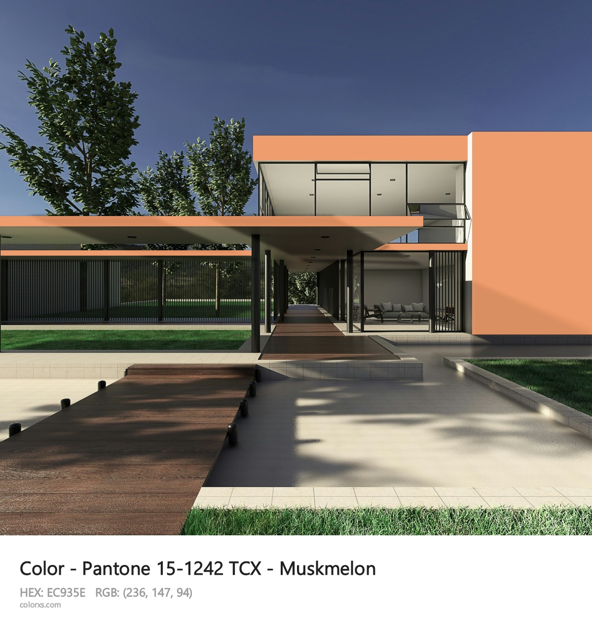 Pantone 15-1242 TCX - Muskmelon CMS exterior design modern house with walkway