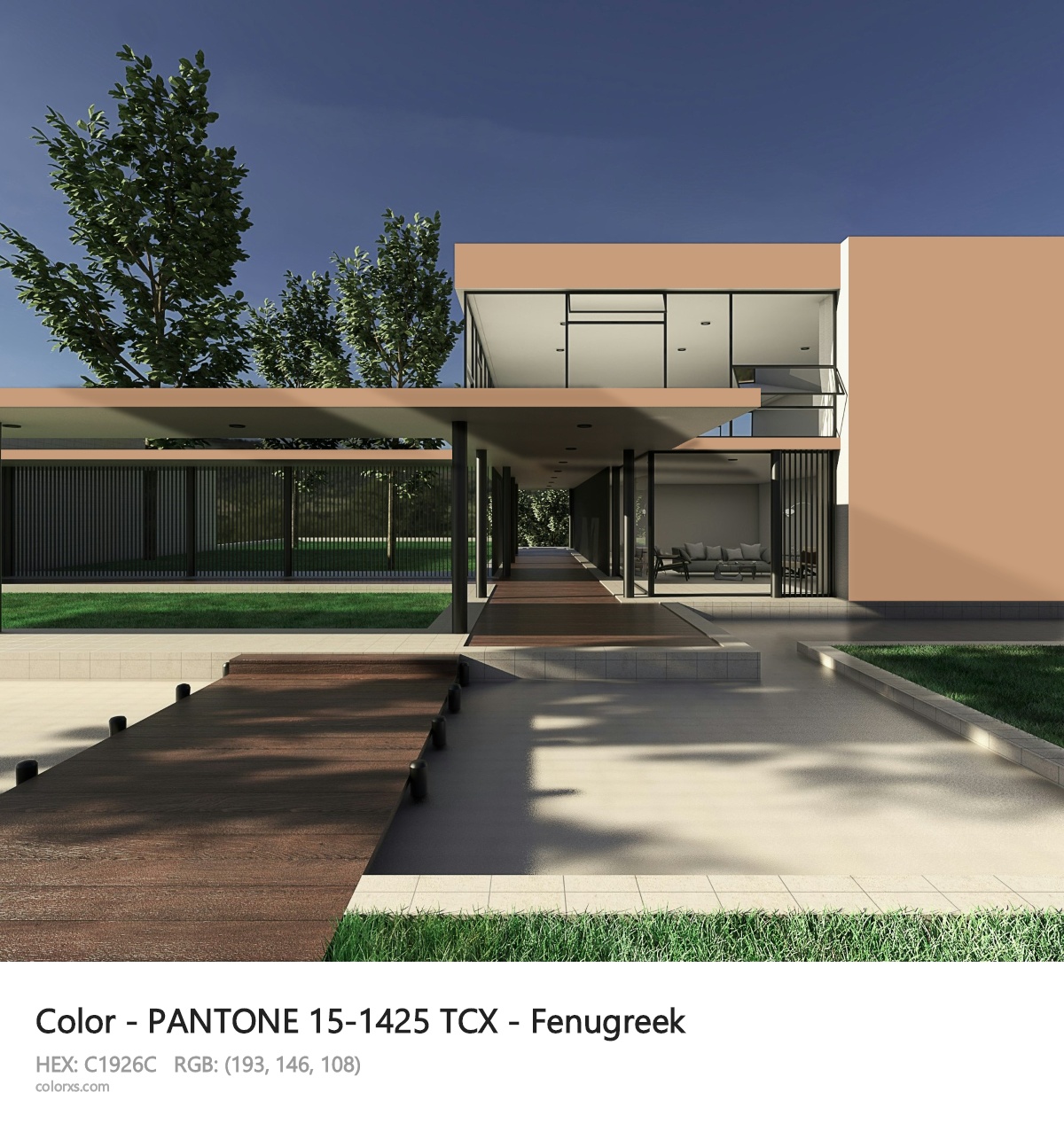 PANTONE 15-1425 TCX - Fenugreek CMS exterior design modern house with walkway