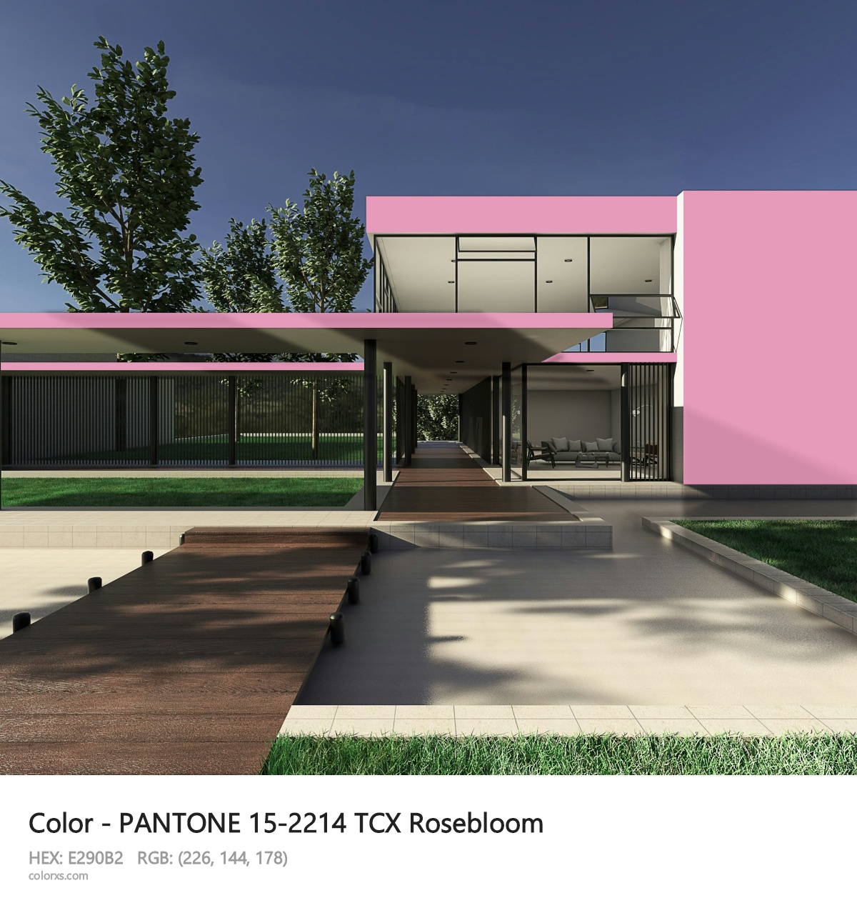 PANTONE 15-2214 TCX Rosebloom CMS exterior design modern house with walkway