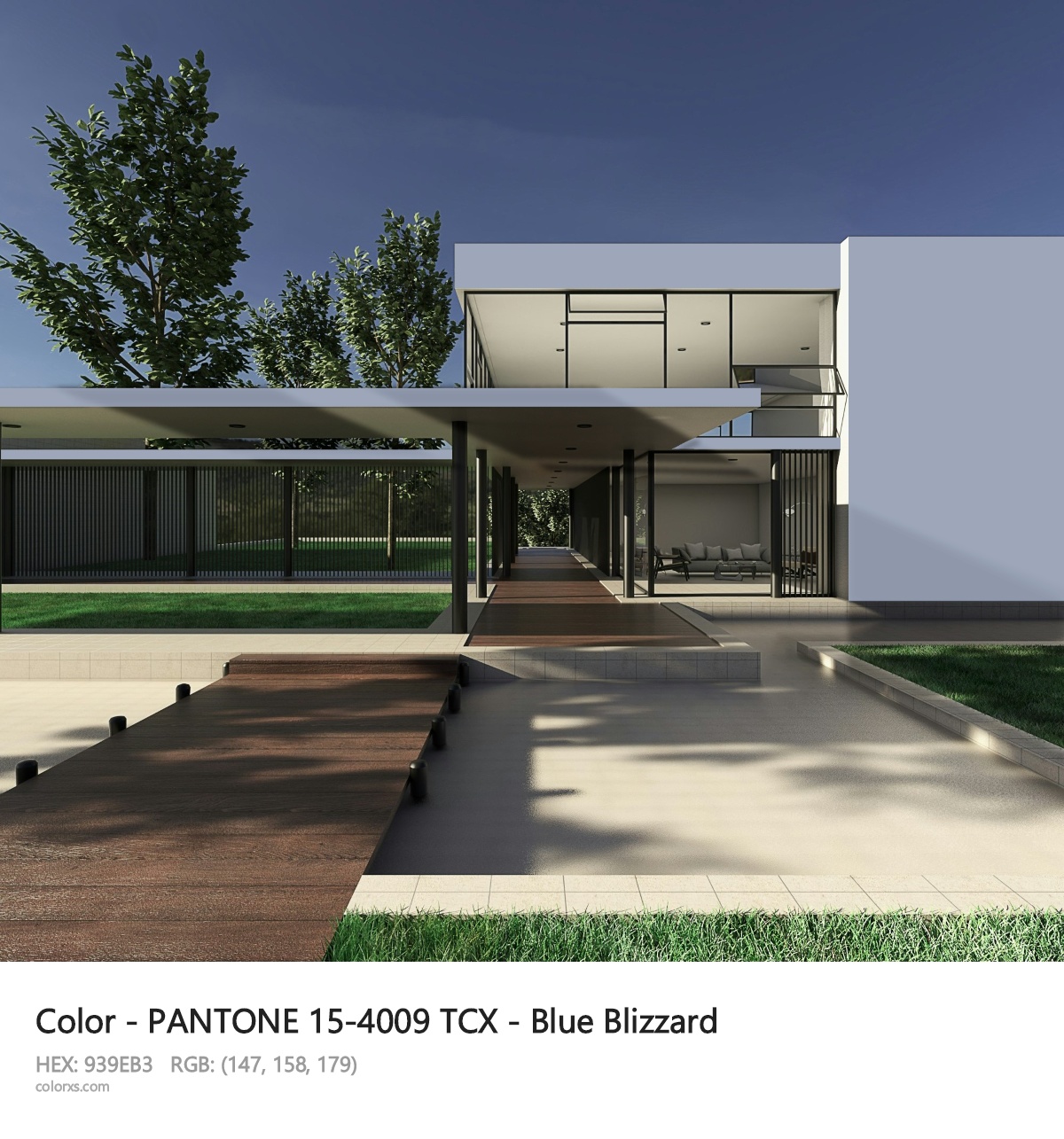 PANTONE 15-4009 TCX - Blue Blizzard CMS exterior design modern house with walkway