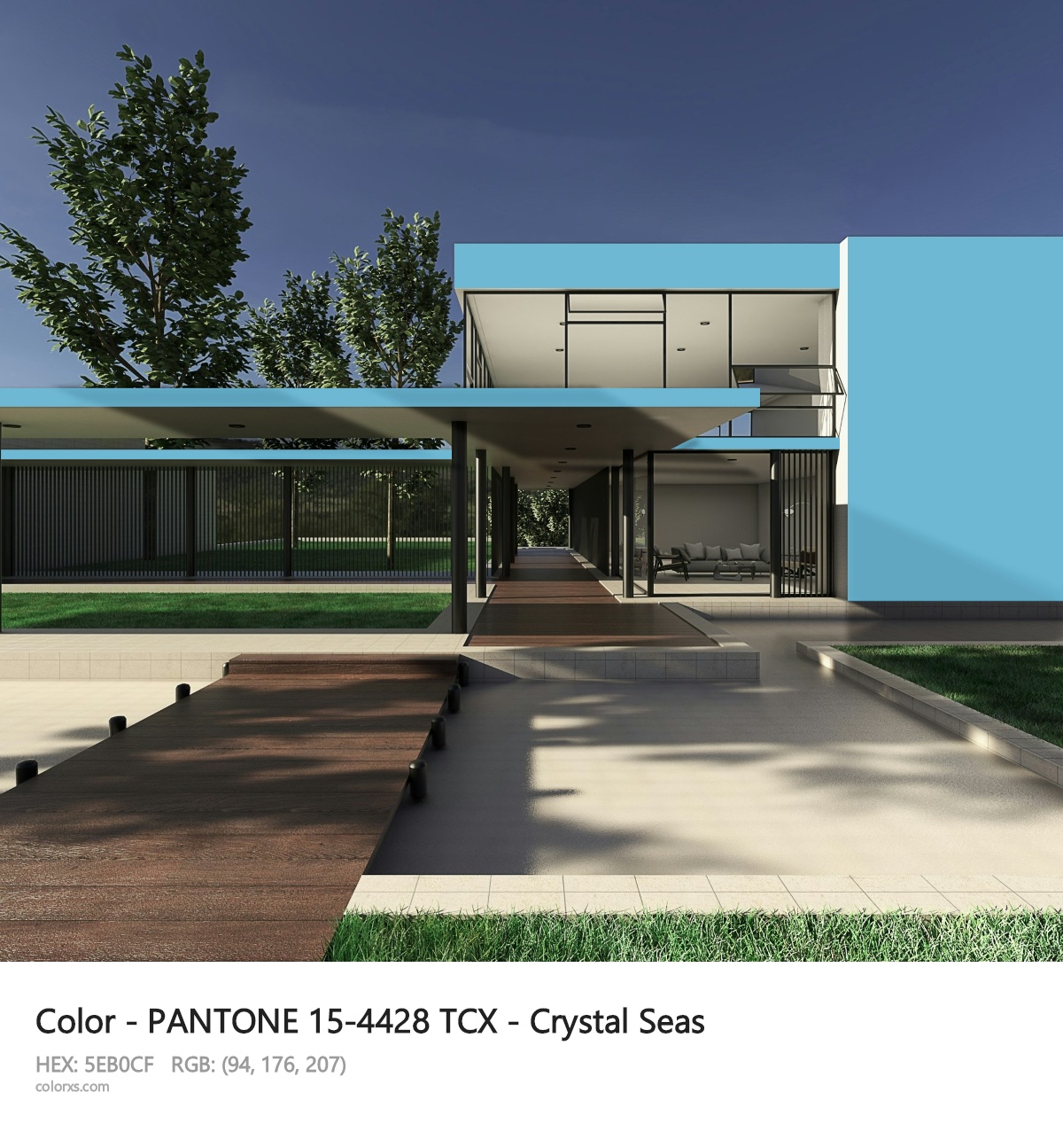 PANTONE 15-4428 TCX - Crystal Seas CMS exterior design modern house with walkway