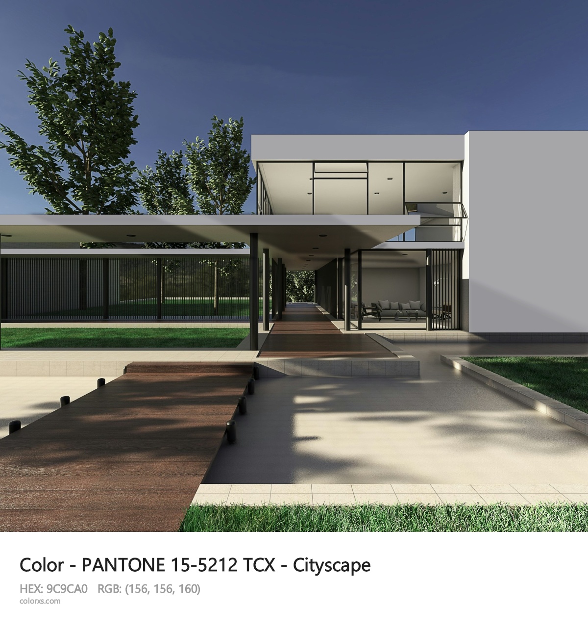PANTONE 15-5212 TCX - Cityscape CMS exterior design modern house with walkway