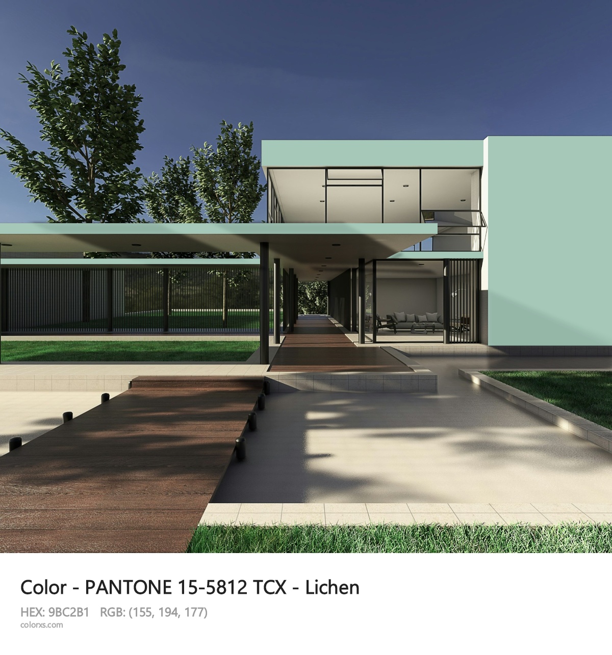PANTONE 15-5812 TCX - Lichen CMS exterior design modern house with walkway