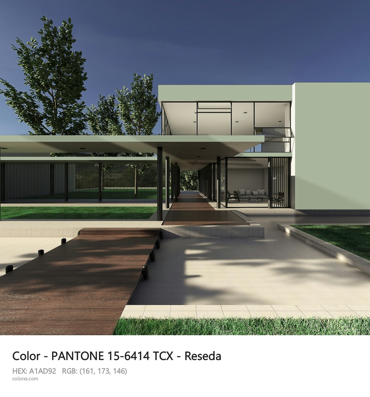 PANTONE 15-6414 TCX - Reseda CMS exterior design modern house with walkway
