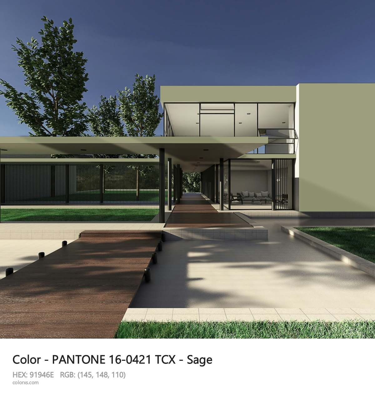 PANTONE 16-0421 TCX - Sage CMS exterior design modern house with walkway