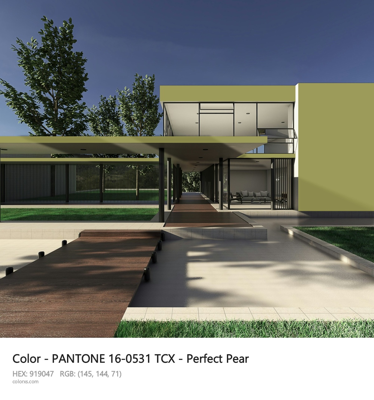 PANTONE 16-0531 TCX - Perfect Pear CMS exterior design modern house with walkway