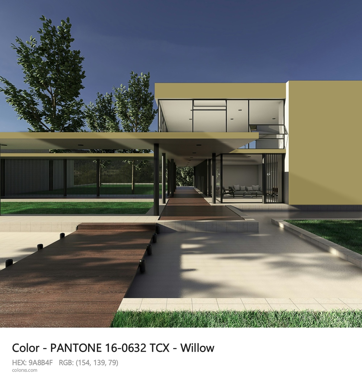 PANTONE 16-0632 TCX - Willow CMS exterior design modern house with walkway