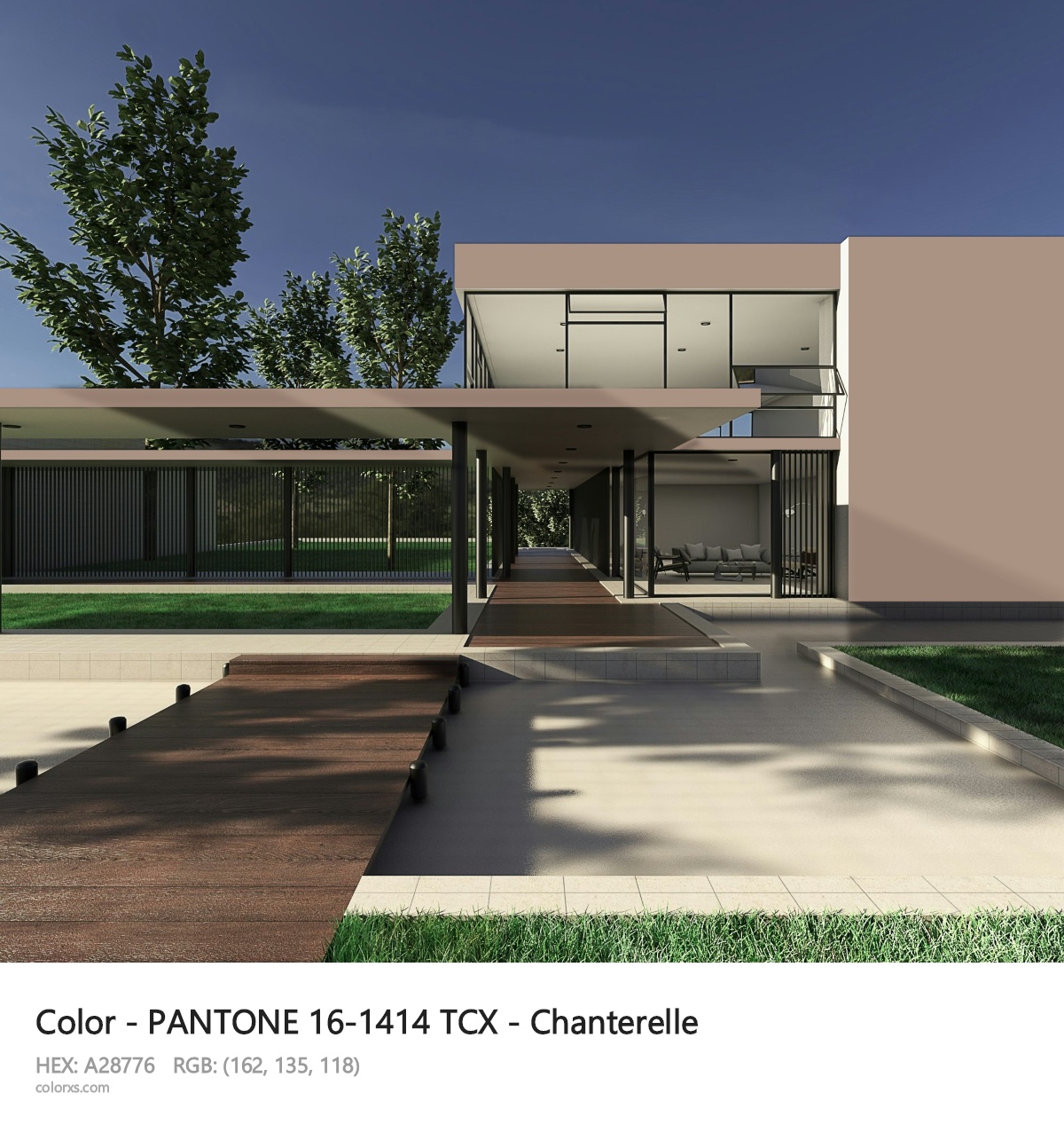 PANTONE 16-1414 TCX - Chanterelle CMS exterior design modern house with walkway