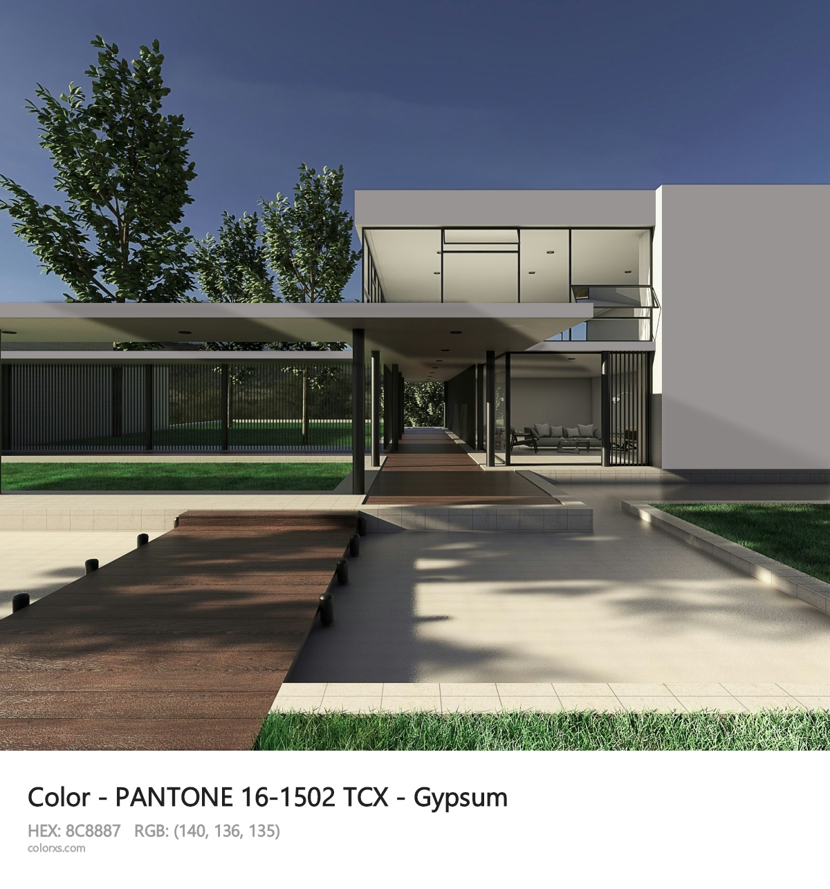 PANTONE 16-1502 TCX - Gypsum CMS exterior design modern house with walkway