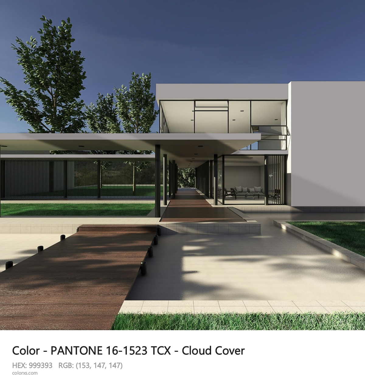 PANTONE 16-1523 TCX - Cloud Cover CMS exterior design modern house with walkway