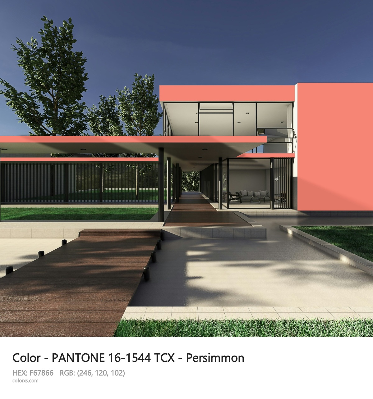 PANTONE 16-1544 TCX - Persimmon CMS exterior design modern house with walkway