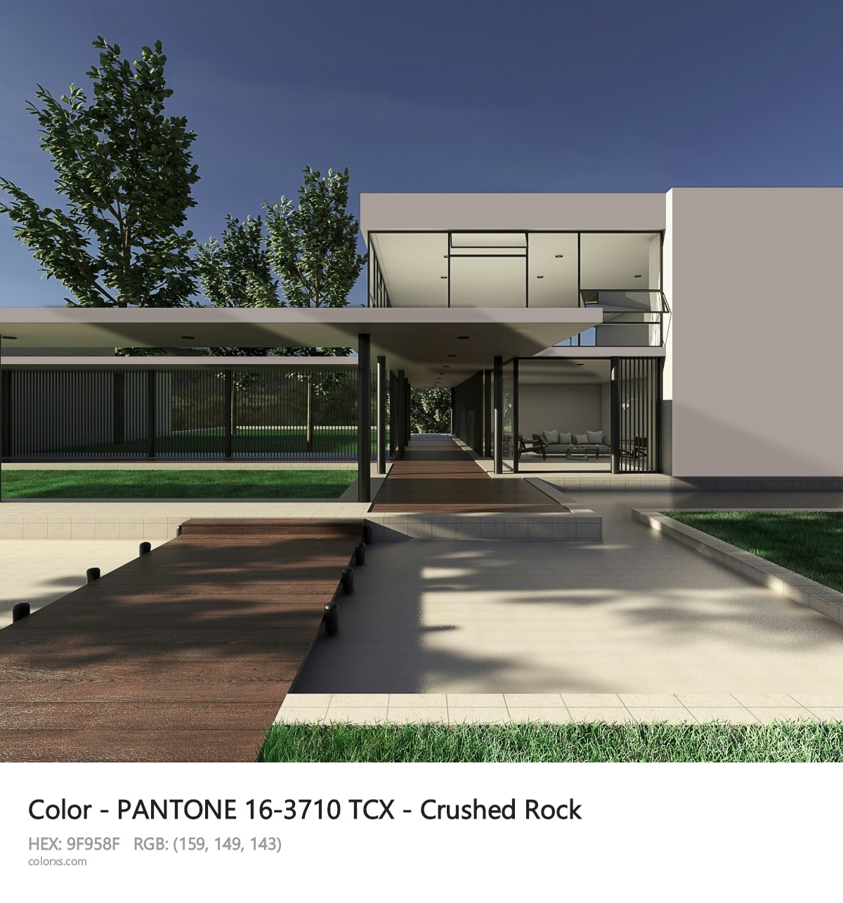 PANTONE 16-3710 TCX - Crushed Rock CMS exterior design modern house with walkway