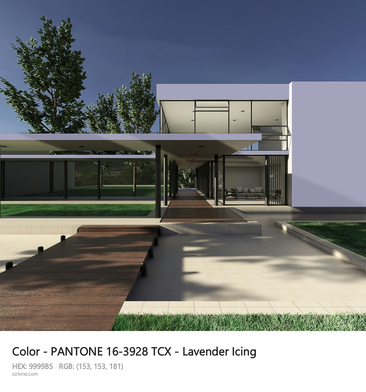 PANTONE 16-3928 TCX - Lavender Icing CMS exterior design modern house with walkway