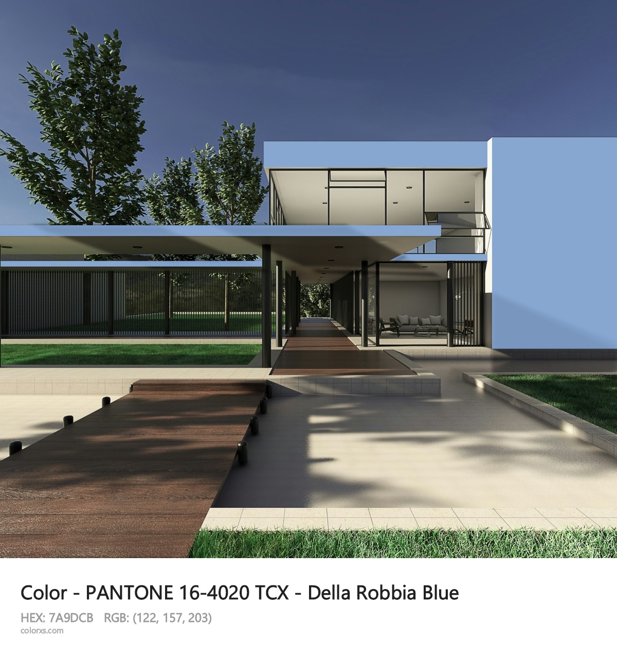 PANTONE 16-4020 TCX - Della Robbia Blue CMS exterior design modern house with walkway