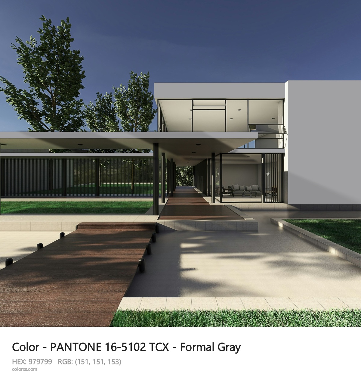 PANTONE 16-5102 TCX - Formal Gray CMS exterior design modern house with walkway