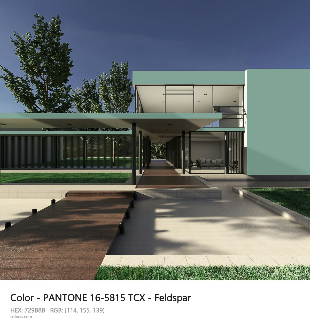 PANTONE 16-5815 TCX - Feldspar CMS exterior design modern house with walkway