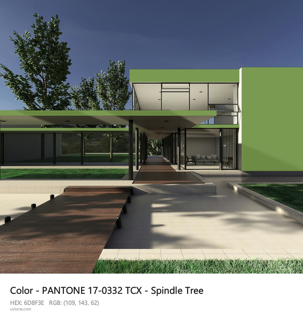 PANTONE 17-0332 TCX - Spindle Tree CMS exterior design modern house with walkway