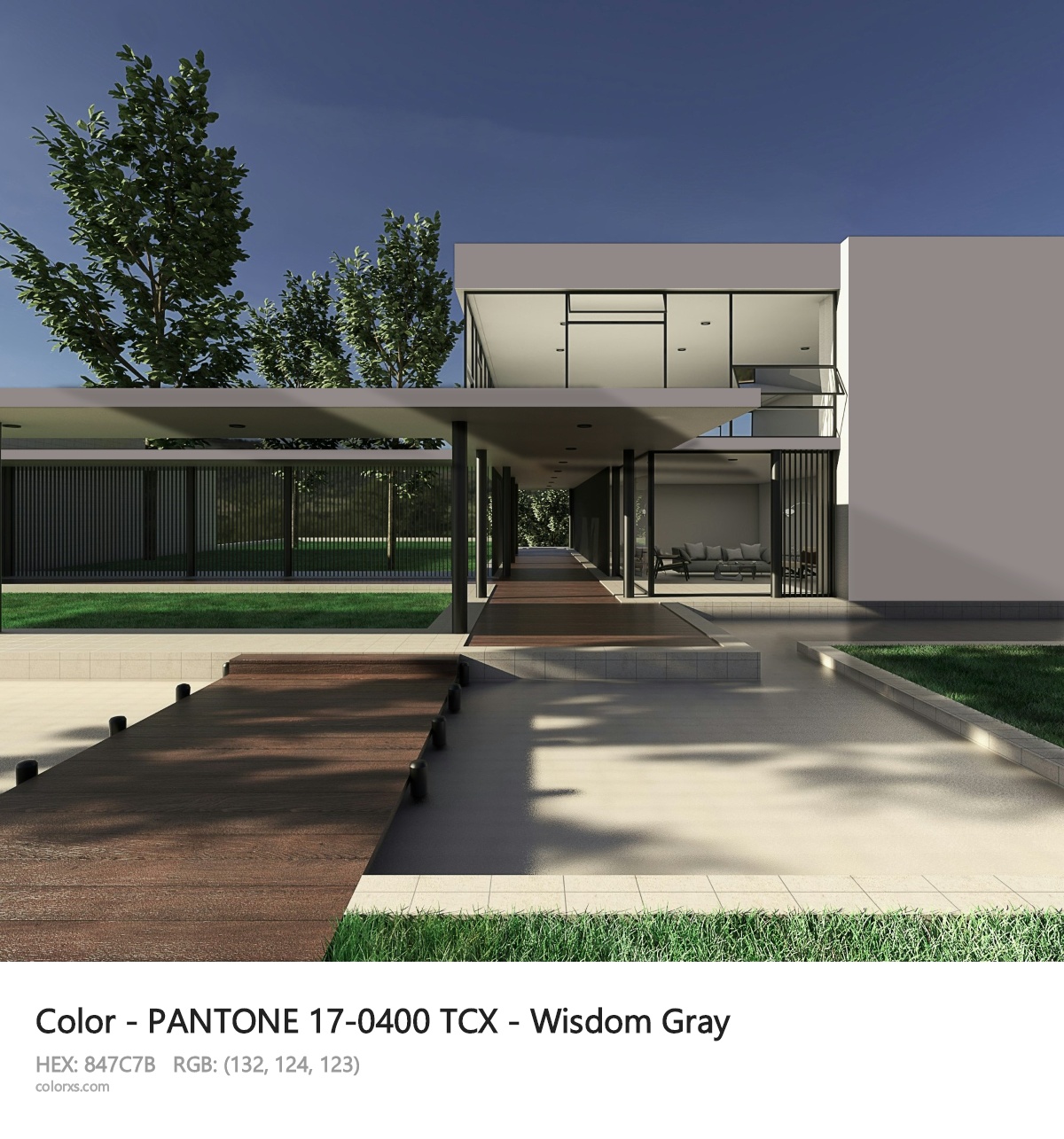 PANTONE 17-0400 TCX - Wisdom Gray CMS exterior design modern house with walkway