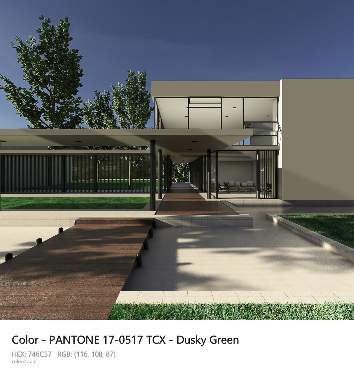 PANTONE 17-0517 TCX - Dusky Green CMS exterior design modern house with walkway