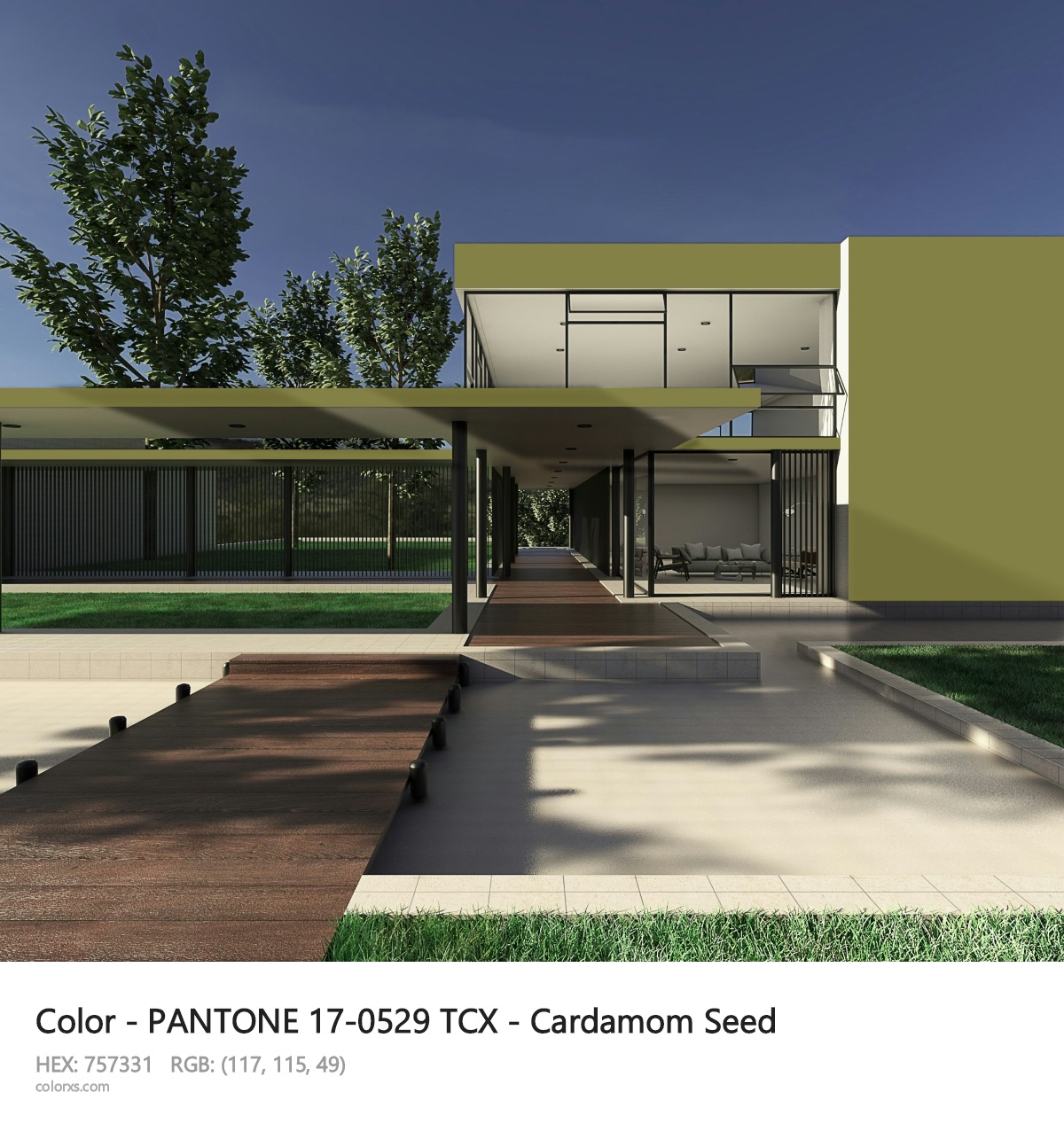 PANTONE 17-0529 TCX - Cardamom Seed CMS exterior design modern house with walkway