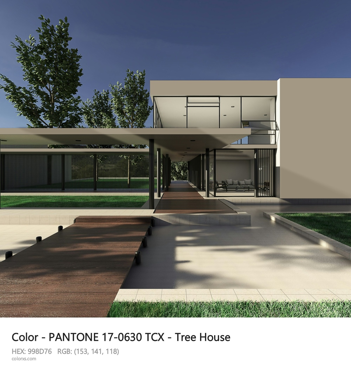 PANTONE 17-0630 TCX - Tree House CMS exterior design modern house with walkway