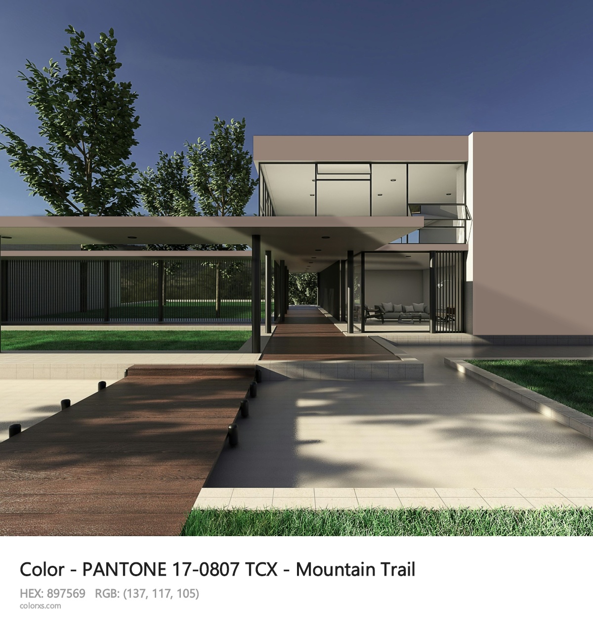 PANTONE 17-0807 TCX - Mountain Trail CMS exterior design modern house with walkway