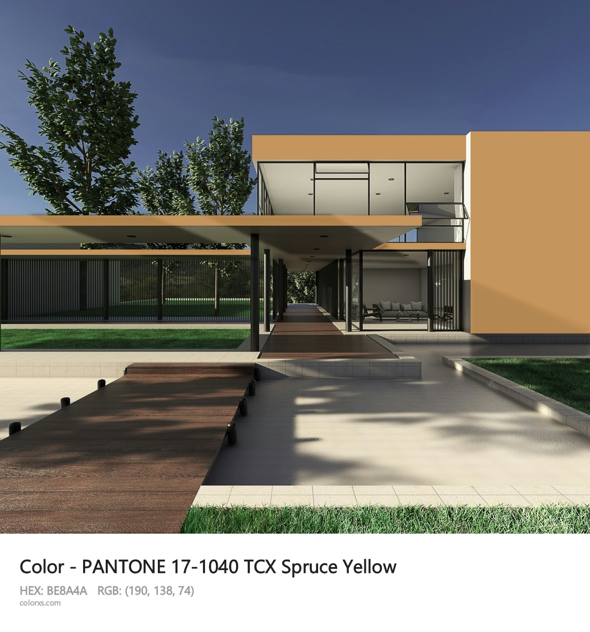 PANTONE 17-1040 TCX Spruce Yellow CMS exterior design modern house with walkway
