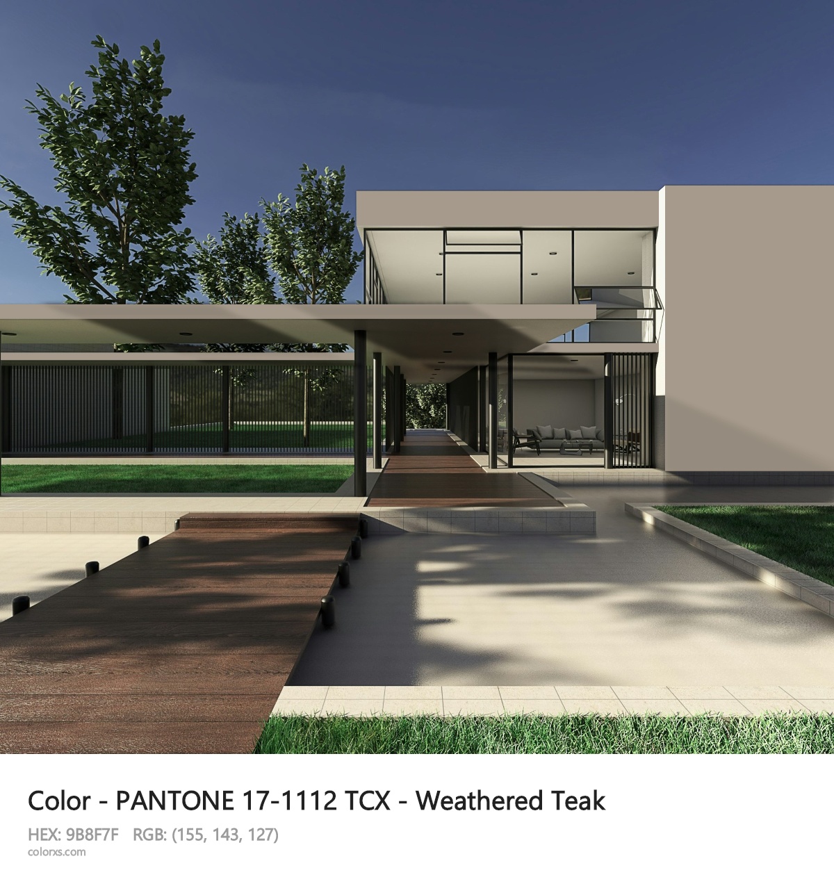 PANTONE 17-1112 TCX - Weathered Teak CMS exterior design modern house with walkway