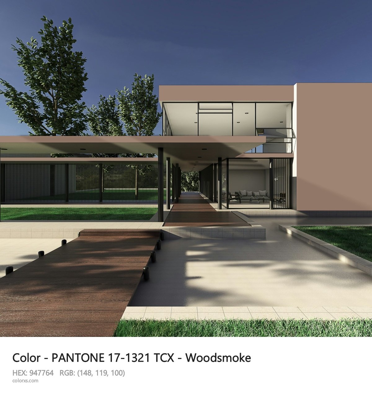 PANTONE 17-1321 TCX - Woodsmoke CMS exterior design modern house with walkway