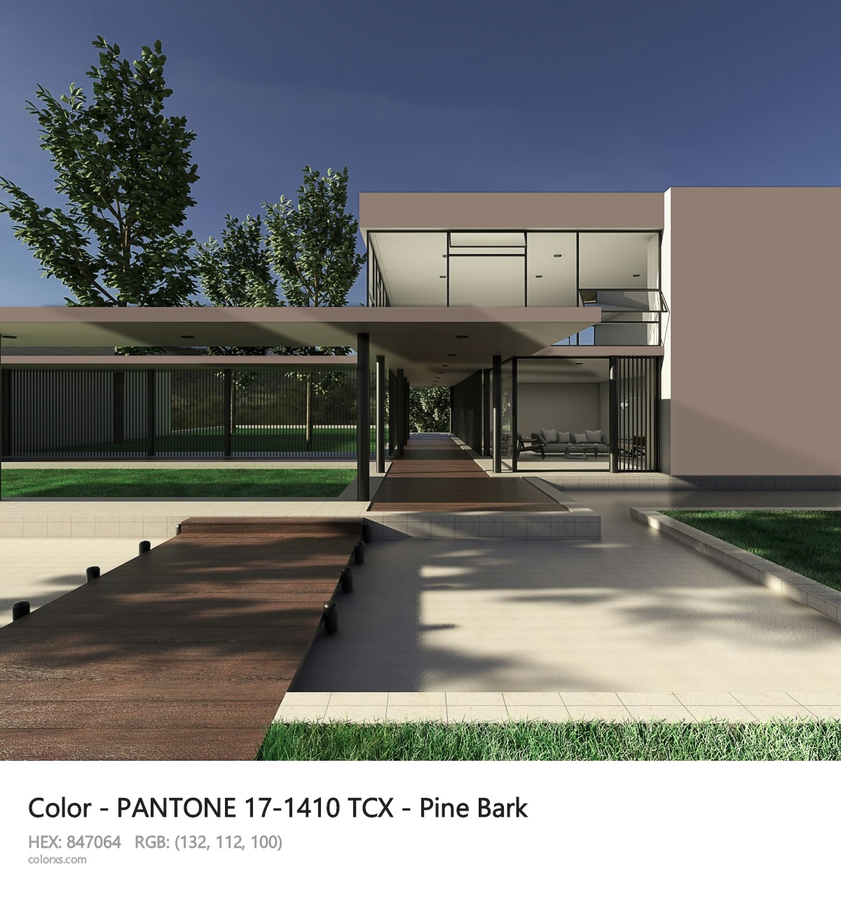 PANTONE 17-1410 TCX - Pine Bark CMS exterior design modern house with walkway