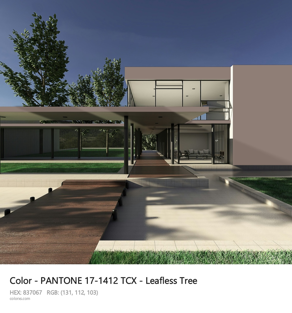 PANTONE 17-1412 TCX - Leafless Tree CMS exterior design modern house with walkway