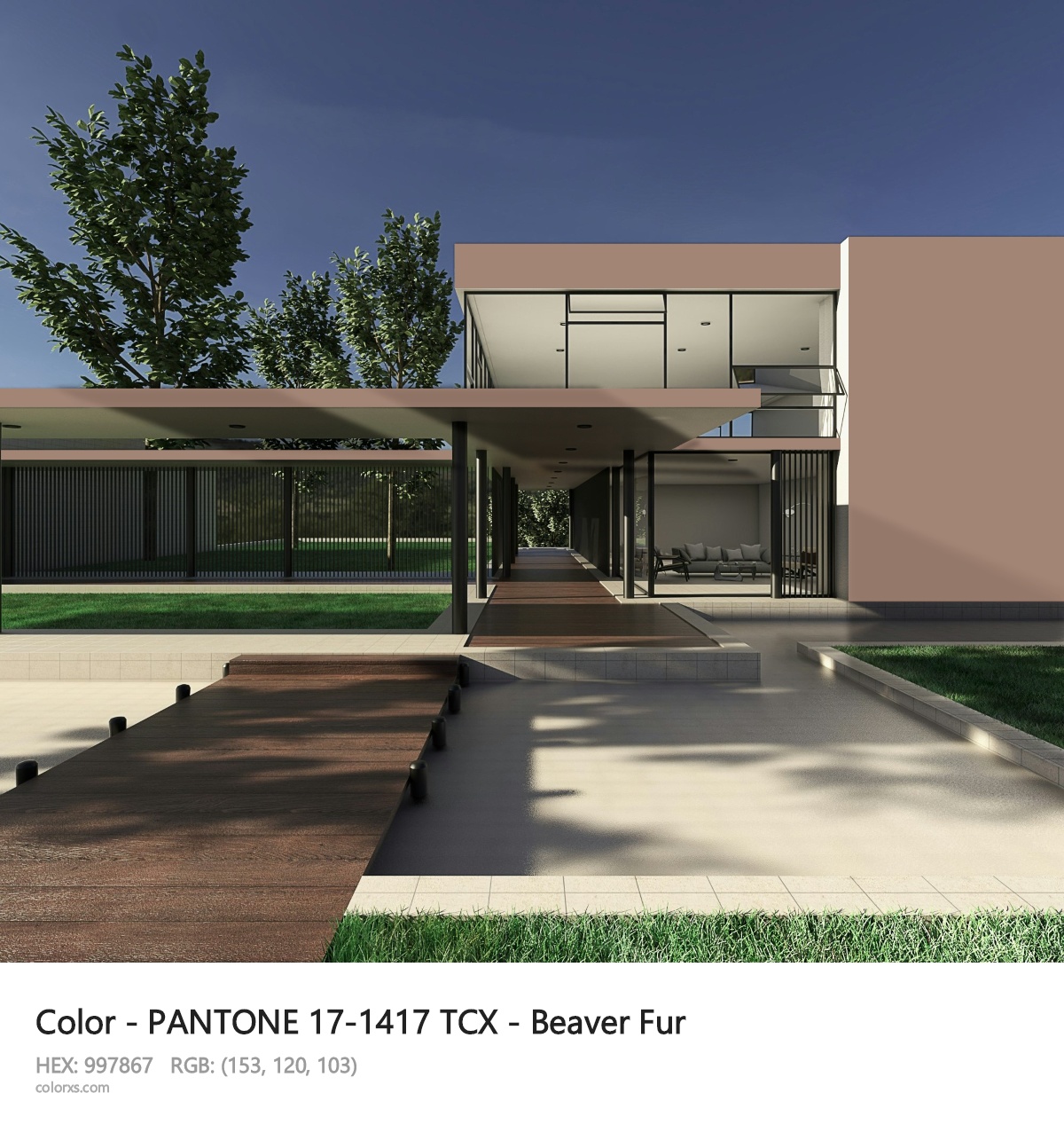 PANTONE 17-1417 TCX - Beaver Fur CMS exterior design modern house with walkway