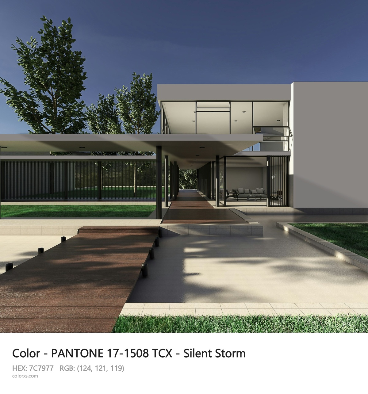 PANTONE 17-1508 TCX - Silent Storm CMS exterior design modern house with walkway