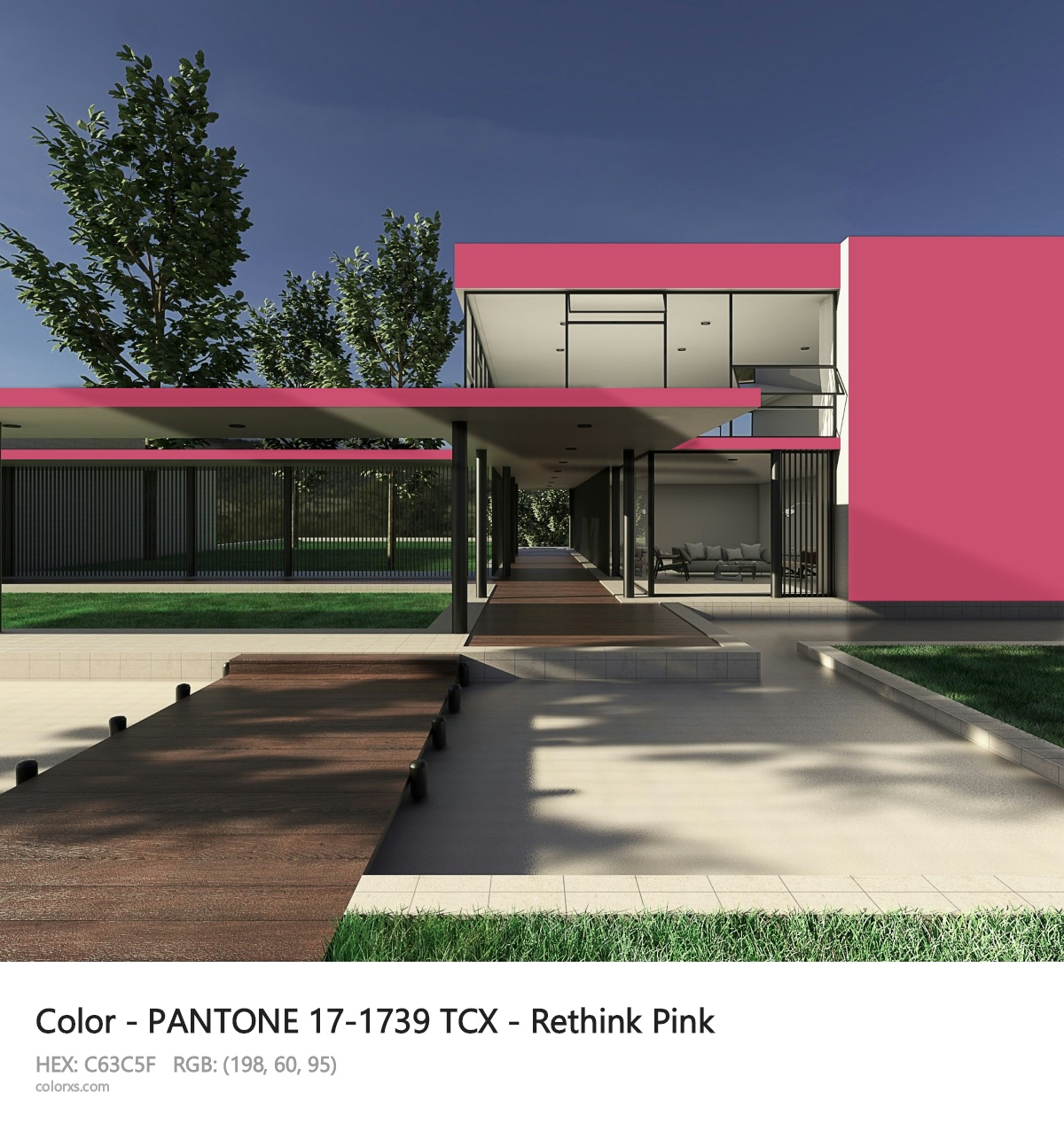 PANTONE 17-1739 TCX - Rethink Pink CMS exterior design modern house with walkway