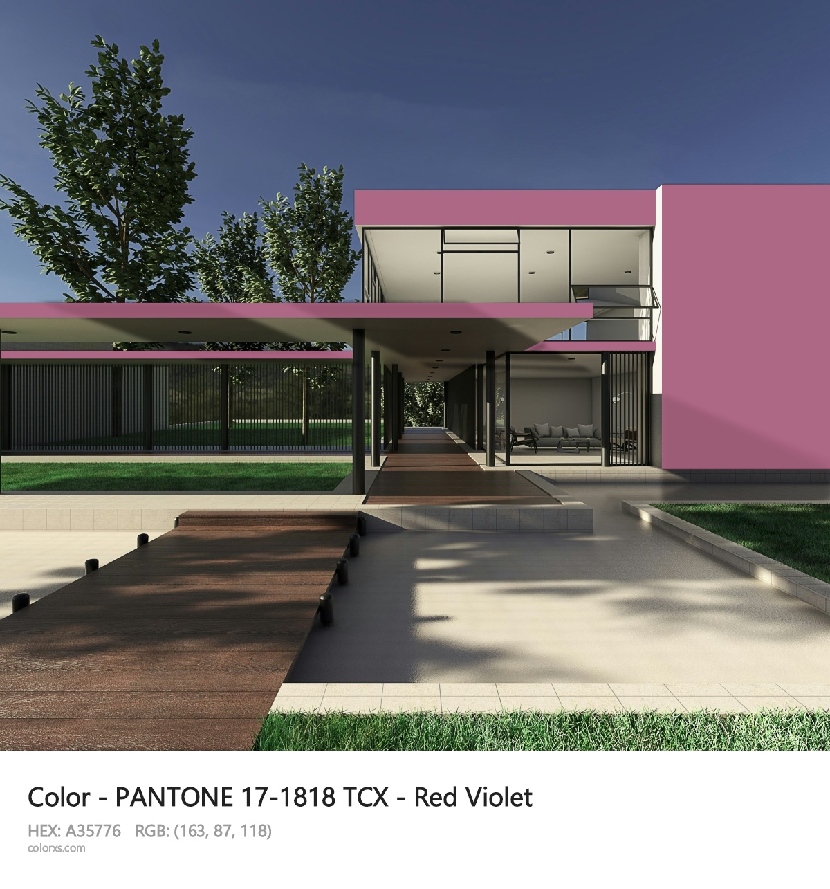 PANTONE 17-1818 TCX - Red Violet CMS exterior design modern house with walkway