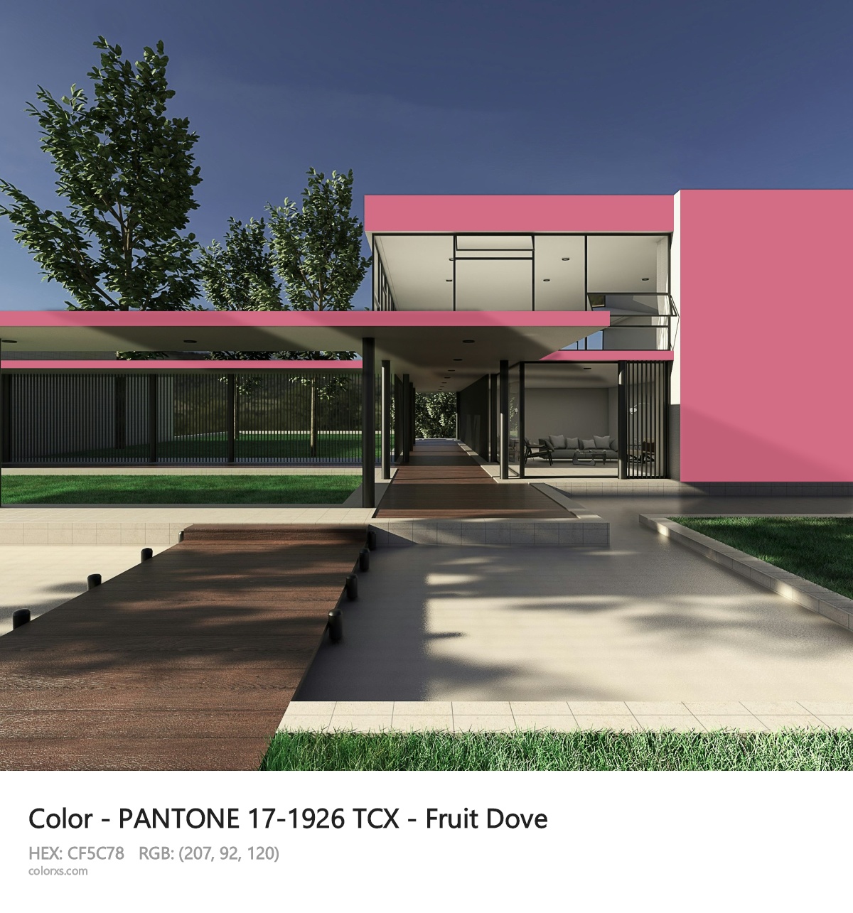 PANTONE 17-1926 TCX - Fruit Dove CMS exterior design modern house with walkway