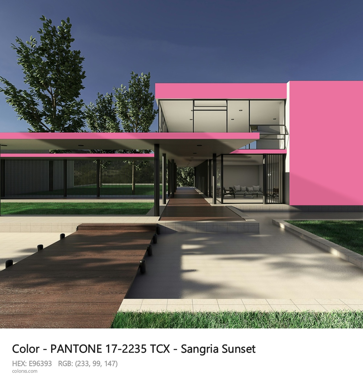 PANTONE 17-2235 TCX - Sangria Sunset CMS exterior design modern house with walkway