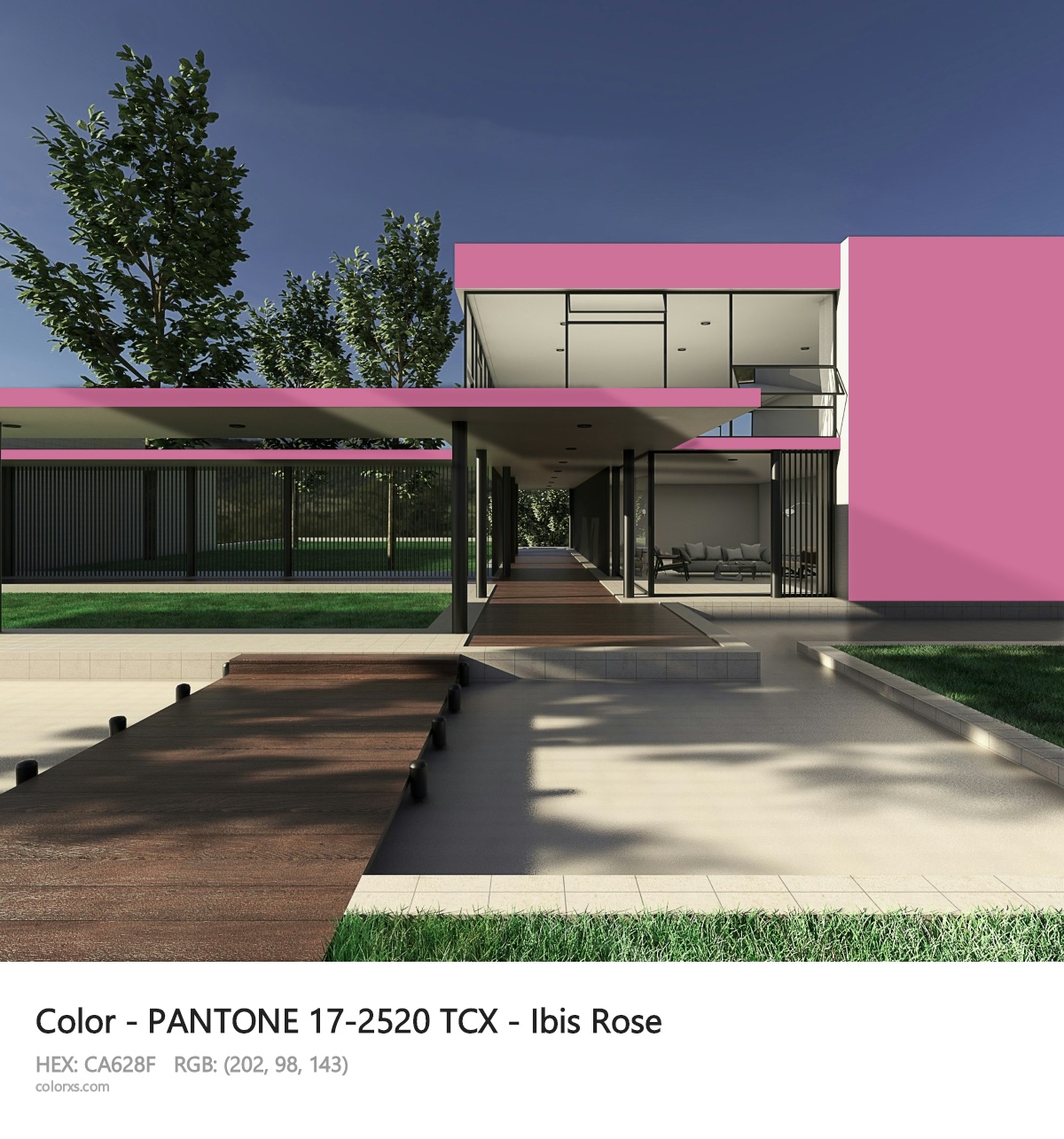 PANTONE 17-2520 TCX - Ibis Rose CMS exterior design modern house with walkway