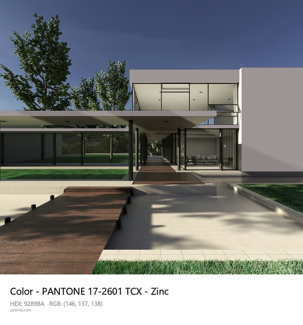 PANTONE 17-2601 TCX - Zinc CMS exterior design modern house with walkway