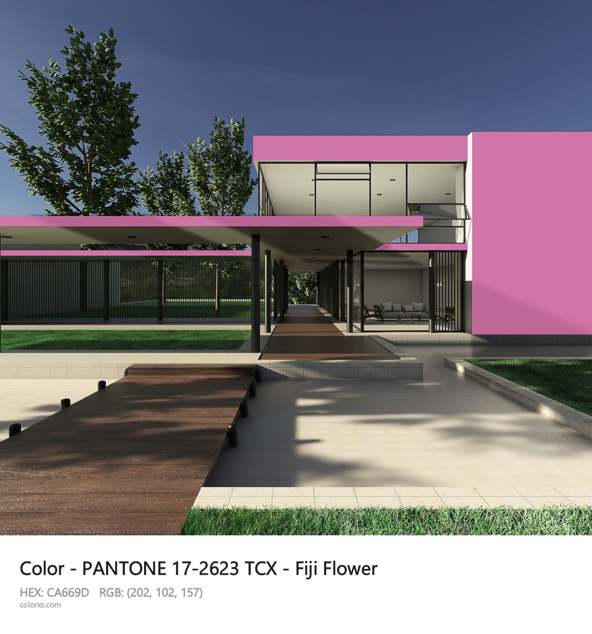 PANTONE 17-2623 TCX - Fiji Flower CMS exterior design modern house with walkway