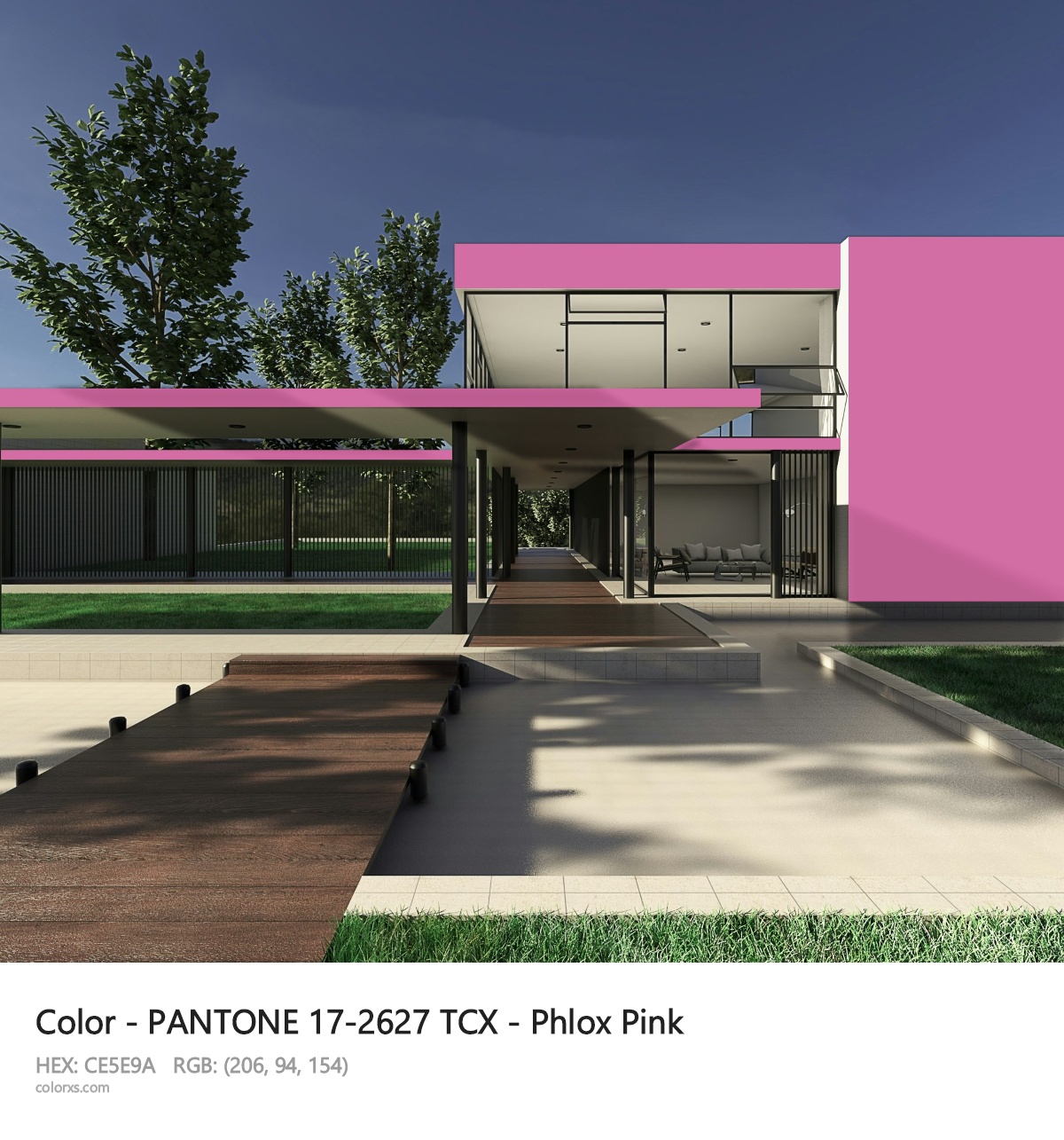 PANTONE 17-2627 TCX - Phlox Pink CMS exterior design modern house with walkway