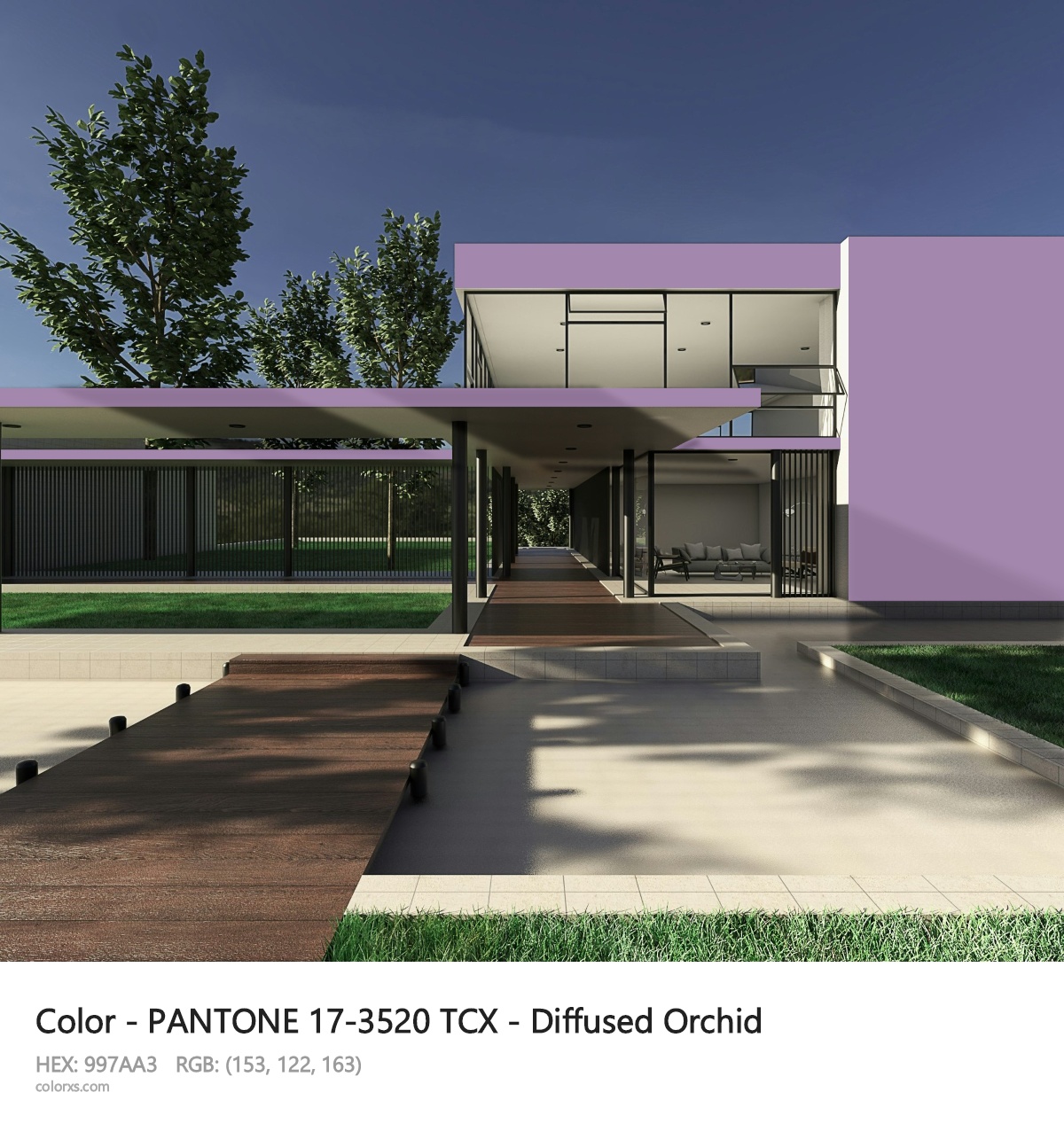 PANTONE 17-3520 TCX - Diffused Orchid CMS exterior design modern house with walkway