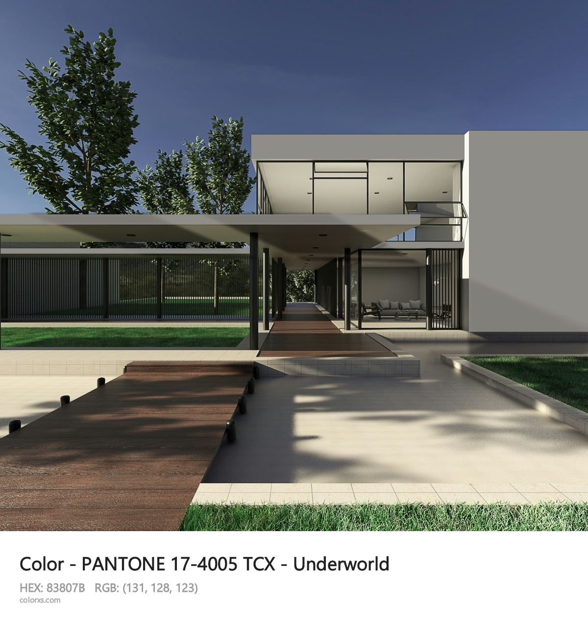 PANTONE 17-4005 TCX - Underworld CMS exterior design modern house with walkway