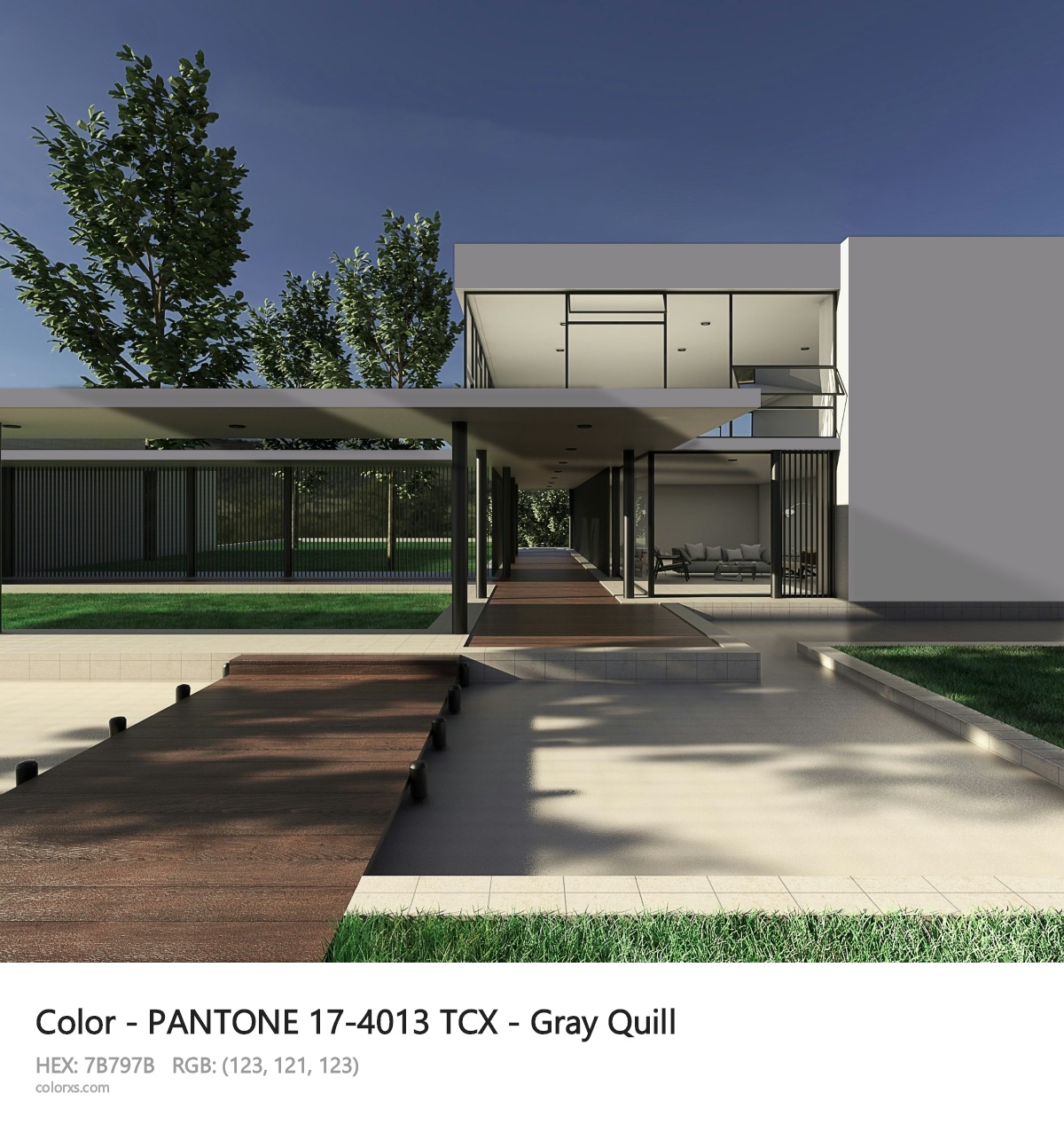 PANTONE 17-4013 TCX - Gray Quill CMS exterior design modern house with walkway