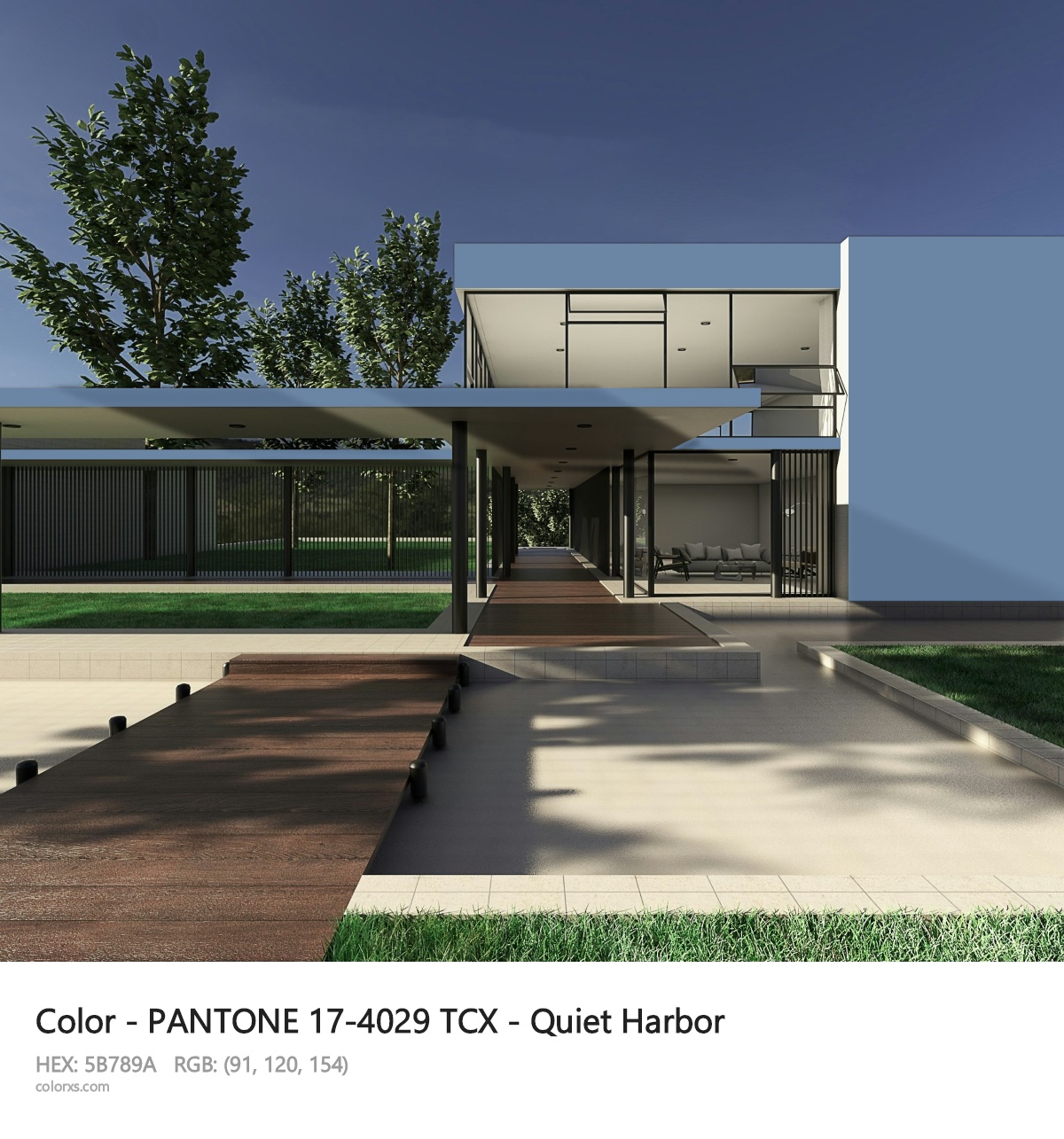 PANTONE 17-4029 TCX - Quiet Harbor CMS exterior design modern house with walkway