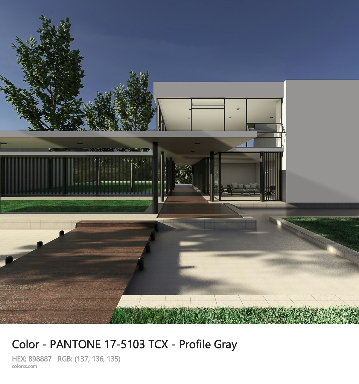 PANTONE 17-5103 TCX - Profile Gray CMS exterior design modern house with walkway